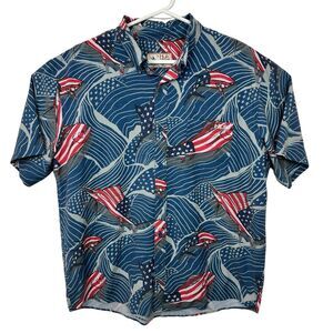 HUK Fishing Shirt Button Down USA Patriotic Sport Fish Mens Sz L Blue Red White